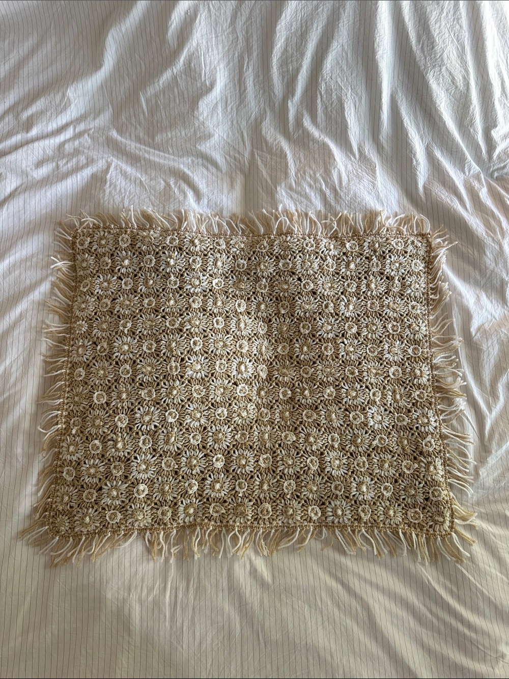 Handmade Crochet Flower Pattern with Fringe Decorative Pillow Case in Beige